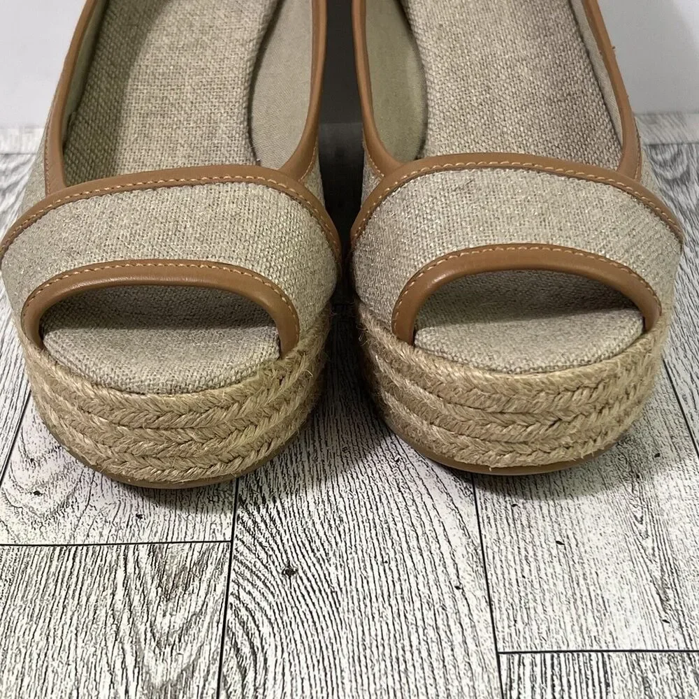 Tory Burch Beige and Brown Espadrille Wedge Peep-Toe